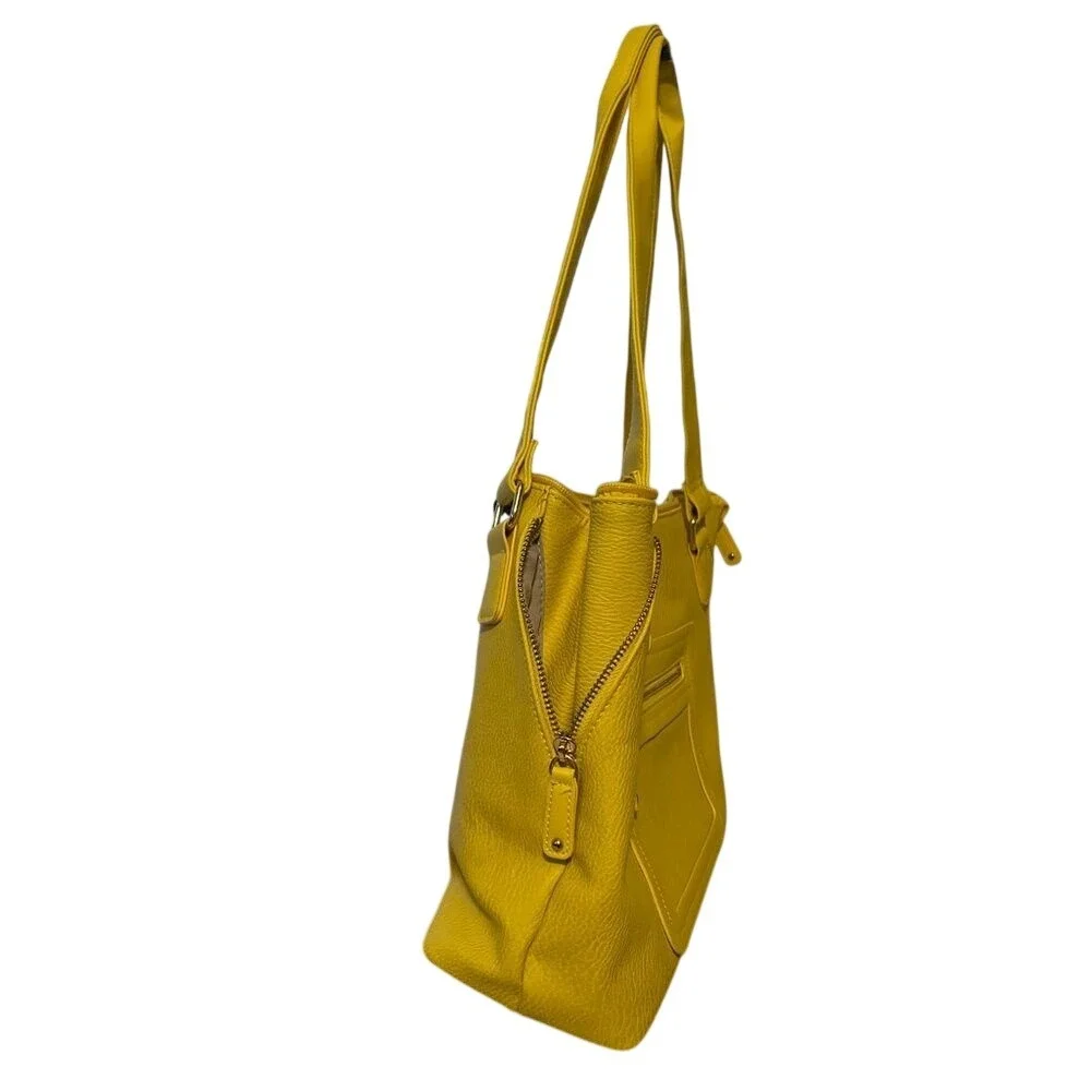 Sondra Roberts‎ Yellow Pebbled Faux Leather Tote Shoulder Bag Zip Pockets